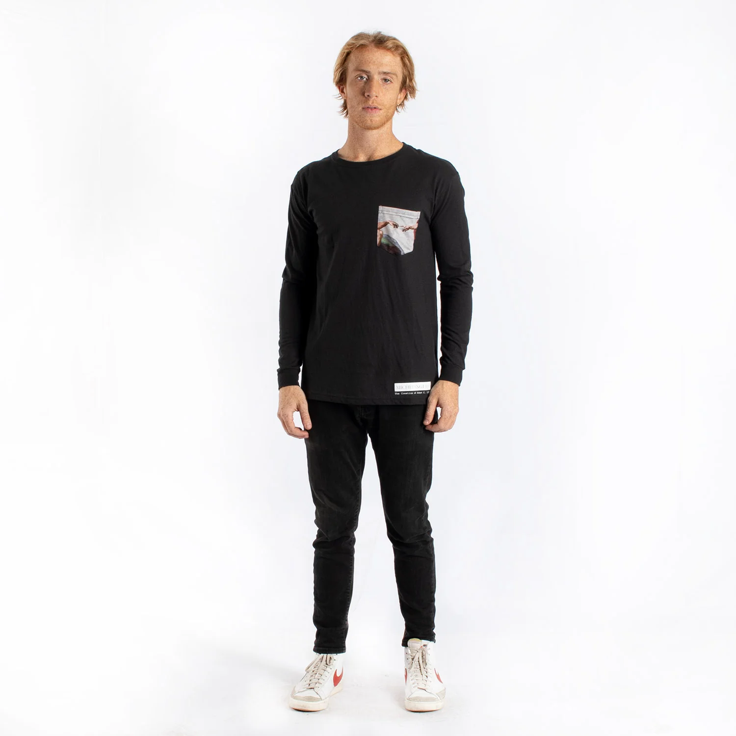Michelangelo Creation Of Adam pocket long sleeve graphic tee - Image 5
